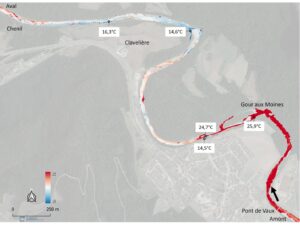 Figure 8 : cartographie et localisation des apports d’eau froide sur le tronçon à l’aval de Vaux les St-Claude