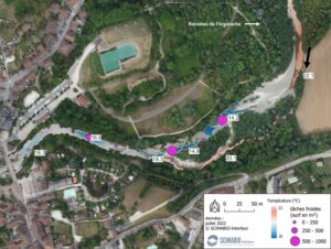 Figure 9 : illustration de l’effet thermique (refroidissement) de résurgences latérales en rive droite au niveau du ruisseau de l’Argenette sur le Guiers Vif