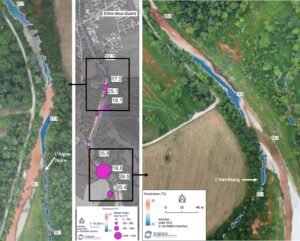 Figure 10 : illustration de l’effet thermique (refroidissement) provoqué par les apports de l’Herrétang (rive gauche) et de l’Aigue Noire (rive droite) sur le Guiers Mort