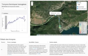 Figure 11 : Exemple d’un tronçon « homogène » thermiquement, défini à partir de métriques tirées de la cartographie IRT, et des proposition de gestion correspondantes (SCIMABIO Interface)