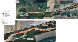 Figure 7 : Thermie et taches froides sur la partie aval du Verdon. Les étiquettes correspondent à la température minimum dans la tache froide en °C (SCIMABIO Interface)