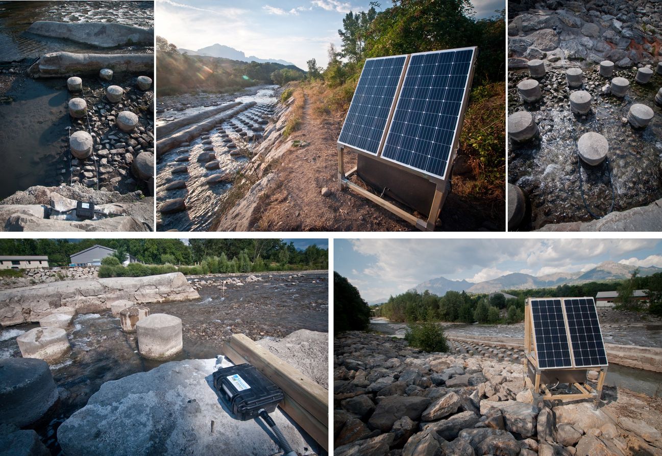 Scimabio-Interface, porjet, Drac, RFID, radio-télémétrie, franchissement piscicole, macrorugosité, système stream innov, panneaux solaire. Vues des panneaux solaires, du seuils, détails des marco-rugosités, détails de l'installation