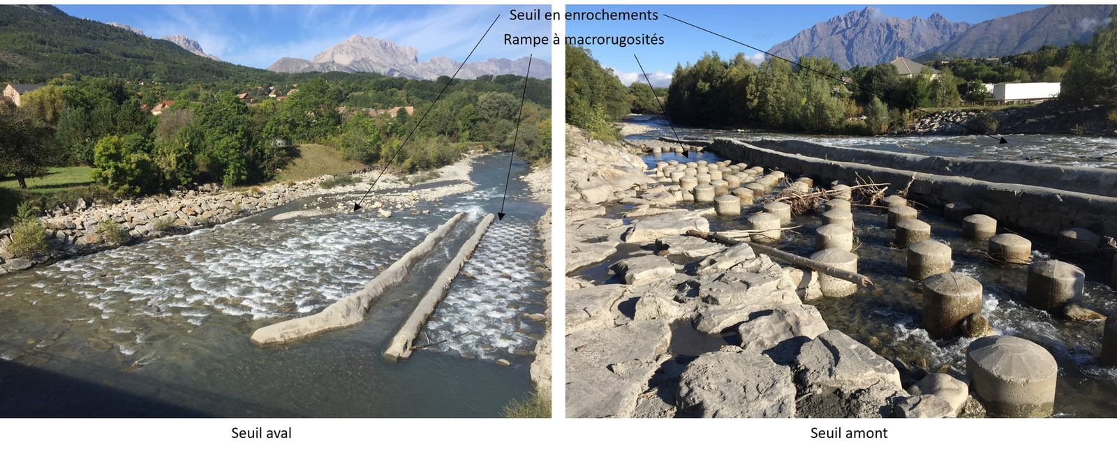 Scimabio-Interface, porjet, Drac, RFID, radio-télémétrie, franchissement piscicole, macrorugosité. vues amont et aval d'un seuil à macrorugosités sur le Drac à St Bonnet en Champsaur (département 05)