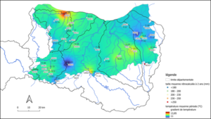 Représentation des gradients de températures et des tailles moyennes à 2 ans sur les différentes stations échantillonnées.