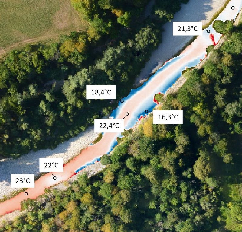 Figure 9 : exemple d’une cartographie précise des ambiances thermiques sur un tronçons de 200 mètres à l’aval de Vaux les St-Claude