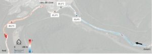 Figure 5 : illustration du réchauffement observé (+3°C sur 400m linéaire) au niveau du lieu-dit Lizon