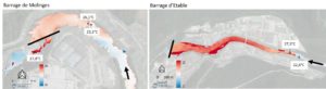 Figure 4 : illustrations des remous thermiques observés au niveau des retenues d’eau des barrages d’Etables et de Molinges