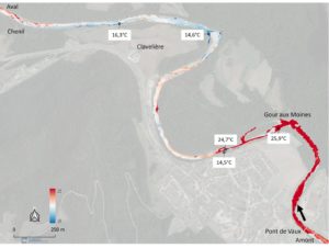 Figure 8 : cartographie et localisation des apports d’eau froide sur le tronçon à l’aval de Vaux les St-Claude