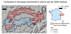 Aire d’étude du projet ALGA (Chloé Duyme, Sources : SwissBOUNDARIES 3d, AdminExpress, Mapzen Global Map)