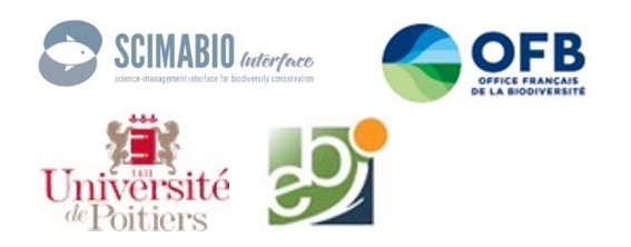 logos des partenaires du projet eCRAY'ON (SCIMABIO Interface, OFB, Université des Poitiers EBI/EES)