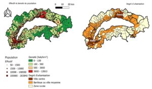 Répartition de la population et degré d’urbanisation sur le territoire concerné par le projet ALGA (Chloé Duymes, Sources : INSEE, OFS, Eurostat)