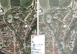 Figure 4 : illustrations d’une zone de réchauffement (+2°C sur 400 mètres) en raison d’une perte des échanges nappe-rivière, d’un étalement des écoulements et d’un déficit de ripisylve 