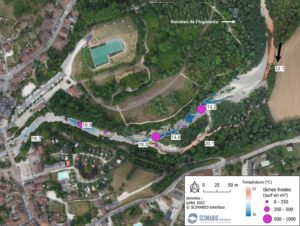 Figure 9 : illustration de l’effet thermique (refroidissement) de résurgences latérales en rive droite au niveau du ruisseau de l’Argenette sur le Guiers Vif