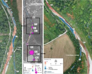 Figure 10 : illustration de l’effet thermique (refroidissement) provoqué par les apports de l’Herrétang (rive gauche) et de l’Aigue Noire (rive droite) sur le Guiers Mort
